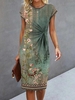 Vintage Summer Floral Pattern Lightweight No Elasticity Jersey Short Crew Neck H-Line Dresses for Women