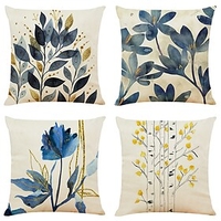 4 pcs Faux Linen Pillow Cover,  Simple Classic Print Art Deco FloralPlants Zipper Square Traditional Classic