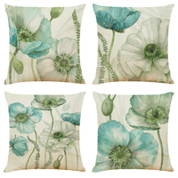 4 pcs Faux Linen Pillow Cover,  Simple Classic Print Art Deco FloralPlants Zipper Square Traditional Classic