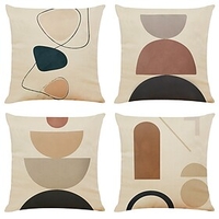 4 pcs Faux Linen Pillow Cover,  Simple Classic Print Geometric Modern Zipper Square Traditional Classic
