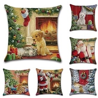 6 pcs Faux Linen Pillow Cover,  Traditional Christmas Holiday Christmas Square Traditional Classic
