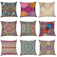 9 pcs Faux Linen Pillow Cover,  Datura Flowers Geometric Modern Square Traditional Classic