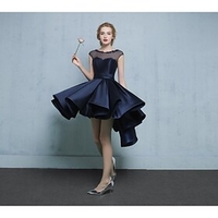 A-Line High Low Cute Homecoming Cocktail Party Dress Illusion Neck Short Sleeve Asymmetrical Lace Satin Tulle with Ruched Appliques 2021