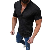Cotton V Neck Shirt Short Sleeve Button Up Slim Fit Sold Summer Fashion T-Shirt Tops Shirt