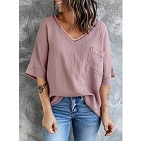 cross-border spring summer new shirt v-neck pocket slit mid-sleeve top female ins
