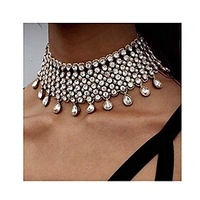 crystal necklace tassel choker neck chain rhinestone necklaces fashion jewelry accessory for women and girls (silver)