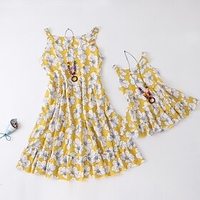 Dresses Mommy and Me Floral Print Yellow Knee-length Sleeveless 3D Print Strap Dress Sweet Matching Outfits