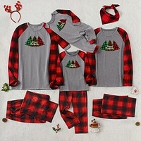 Family Look Christmas Pajamas Daily Plaid Christmas Tree Letter Patchwork White Black Gray Long Sleeve Adorable Matching Outfits / Fall / Winter / Print
