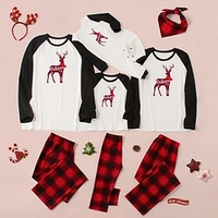 Family Look Christmas Pajamas Daily Plaid Deer Letter Patchwork White Black Gray Long Sleeve Daily Matching Outfits / Fall / Winter / Cute / Print