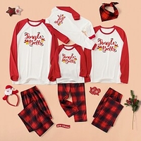 Family Look Christmas Pajamas Daily Plaid Letter Patchwork Black Red Long Sleeve Daily Matching Outfits / Fall / Winter / Cute / Print