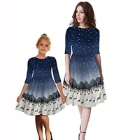 Family Look Dress Daily Galaxy Print Blue Purple Knee-length Half Sleeve Active Matching Outfits