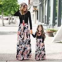 Family Look Dress Graphic Print Black Maxi Long Sleeve Matching Outfits / Summer