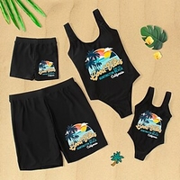 Family Look Swimsuit Causal Leaf Letter Print Black Sleeveless Vacation Matching Outfits / Summer