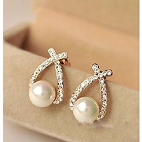 gold crystal stud earrings pearl earrings for woman