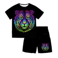 Kids Boys T-shirt Shorts Clothing Set Short Sleeve 2 Pieces Black Crewneck Print Tiger Animal Street Sports Vacation Fashion Comfort Cool Daily 3-13 Years / S