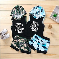 Kids Boys T-shirt Shorts Clothing Set Sleeveless 2 Pieces Green Light Blue Print Camouflage Letter Cotton Basic 2-6 Years / Summer