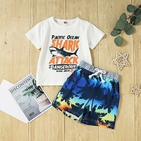 Kids Boys T-shirt Shorts Short Sleeve 2 Pieces White Light gray Print Shark Letter Cotton Regular Casual 2-6 Years / Summer