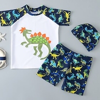 Kids Boys Three Piece Swimwear Swimsuit Print Dinosaur Swimwear Short Sleeves Print Animal Green Blue White Active Outdoor Beach Bathing Suits 2-9 Years / Spri