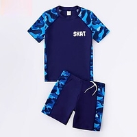 Kids Boys Two Piece Swimwear Swimsuit Drawstring Patchwork Swimwear Short Sleeves Print Color Block Dusty Blue Active Outdoor Beach Bathing Suits 4-13 Years /