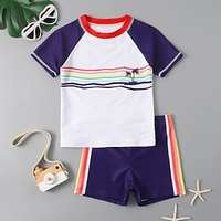 Kids Boys Two Piece Swimwear Swimsuit Print Swimwear Short Sleeves Striped Color Block Navy Blue Active Outdoor Beach Bathing Suits 5-12 Years / Spring / Summe