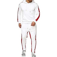 mens color block tracksuit set,  winter casual regular fit sweatpants sweatshirts hoodie pullover with big pocket white