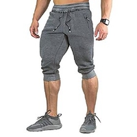 mens cotton casual shorts gym 3/4 jogger capri pants long short gray