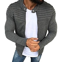 mens long sleeve striped pleated coat solid color cardigan jacket zip up outwear (grey,  m)