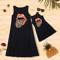 Mommy and Me Cotton Dresses Daily Cartoon Leopard Print Black Knee-length Sleeveless Tank Dress Cute Matching Outfits / Summer / Long