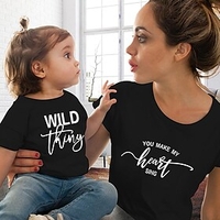 Mommy and Me Cotton T shirt Tops Daily Letter Print Black Pink Wine Short Sleeve Basic Matching Outfits / Summer / Casual