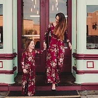 Mommy and Me Dress Casual Flower Print Red Maxi Long Sleeve Floral Matching Outfits / Fall / Spring / Summer