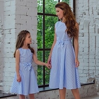 Mommy and Me Dress Striped Bow Light Blue Midi Sleeveless Basic Matching Outfits / Summer