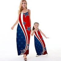Mommy and Me Dresses Causal Flag Backless Blue Maxi Sleeveless 3D Print Strap Dress Active Matching Outfits / Spring / Summer / Casual / Vacation
