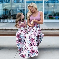 Mommy and Me Dresses Causal Floral Print Light Purple Blue Pink Maxi Sleeveless Sweet Matching Outfits / Summer / Boho