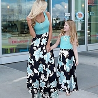 Mommy and Me Dresses Daily Floral Graphic Color Block Patchwork Red Light Blue Maxi Short Sleeve T Shirt Dress Tee Dress Adorable Matching Outfits / Spring / S