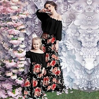 Mommy and Me Dresses Floral Patchwork Blue Pink Maxi 3/4 Length Sleeve Daily Matching Outfits / Print