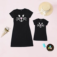 Mommy and Me Easter Dresses Causal Bunny Print Black Knee-length Short Sleeve Daily Matching Outfits / Summer / Cute
