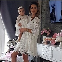 Mommy and Me Lace Dresses Party Solid Colored Flower Hollow Out White Knee-length Half Sleeve Wedding Flowers Matching Outfits / Sweet / Cotton