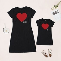 Mommy and Me Valentines Dresses Causal Heart Peace Letter Print Black Knee-length Short Sleeve Daily Matching Outfits / Summer / Sweet