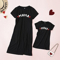 Mommy and Me Valentines Dresses Daily Heart Peace Letter Print Black Knee-length Short Sleeve Daily Matching Outfits / Summer / Cute