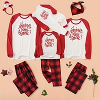 New Year Pajamas Family Look Daily Plaid Letter Patchwork White Red Long Sleeve Daily Matching Outfits / Fall / Winter / Cute / Print
