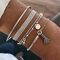 sakytal beads bracelet set silver layered bracelet tassel stackable wrist cuff bangle bracelets adjustable for women and girls(4pcs)