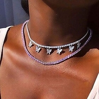 silver butterfly layered tennis chain glittering choker with pink rhinestone pendant gorgeous design cute chain collarbone necklace jewelry for party dating va