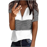 summer women v-neck zipper tops fashion casual loose fit short sleeve patchwork print blouse comfy soft t-shirt tee white