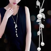 tassels long sweater chain necklace women fashion diamond leaves simple pearls necklace