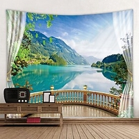 Window Landscape Wall Tapestry Art Decor Blanket Curtain Picnic Tablecloth Hanging Home Bedroom Living Room Dorm Decoration Polyester Lake Rive Forest Mountain