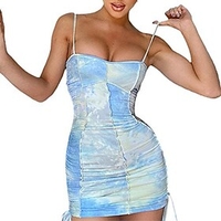 women sexy dress spaghetti sleeveless tie dye print bodycon party night club dresses (blue,  s)