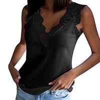 Women Solid Tank Vest V Tops Blouse Sleeveless T-Shirt Tops Lace Neck Loose Splice Women