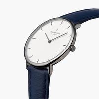 Native - White Dial - Gun Metal 36mm Navy Blue Leather Watch Strap