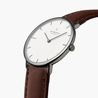 Native - White Dial - Gun Metal 40mm Dark Brown Leather Watch Strap