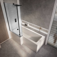 Baignoire douche asymétrique moderne - 150 x 85 cm - Pare-baignoire noir - Angle gauche - Tablier frontal & latéral - Sanford